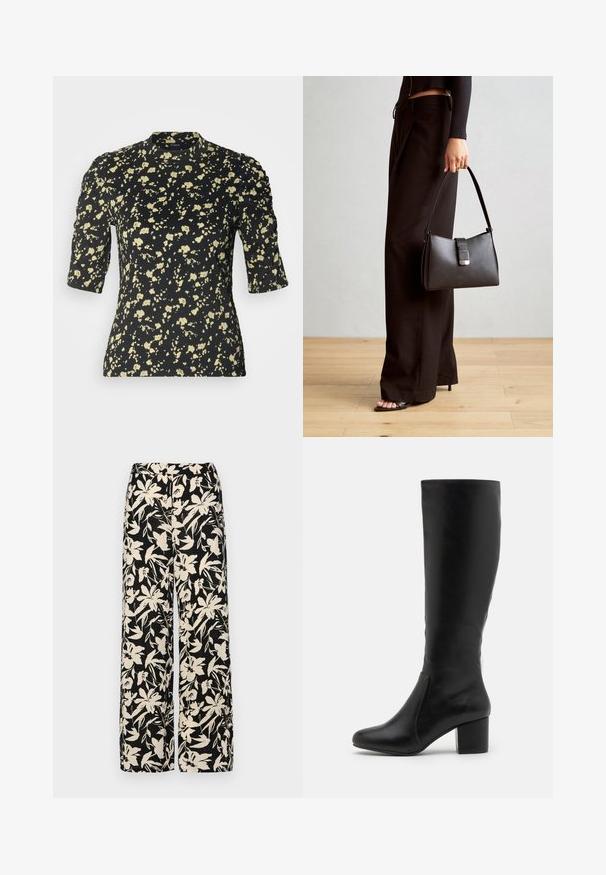 Lindex LORELAI - Potiskana majica - off black; Črne široke hlače z kremnim cvetličnim vzorcem. Narejene so iz lahkega blaga, ki ima gladko teksturo in visok pas.; Črne usnjene čizme do kolen z gladko teksturo, zaobljenim nosom, stranskim panelom in debelim blokastim petami.; Črna torbica z strukturirano obliko, gladko teksturo in kovinskim zaponko. Ujemajo se z širokimi črnimi hlačami in odprtimi sandali na lesenem tleh.