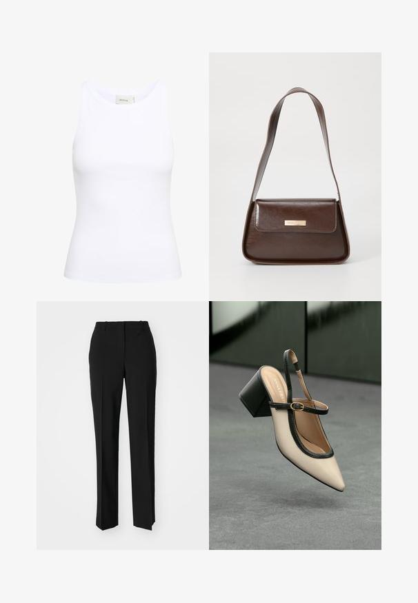 Top sin mangas de canalé blanco con escote redondo. Tejido elástico y diseño ajustado. La etiqueta en la parte posterior dice "GESTUZ."; Pantalones negros ajustados con un diseño de pierna recta, que presentan una textura suave y pliegues nítidos en el frente. Sin herrajes visibles.; Zapato slingback de punta beige con ribete negro, hebilla dorada y un tacón cuadrado grueso sobre un suelo gris con fondo verde oscuro.; Bolso de hombro de cuero marrón con una forma estructurada, que presenta un cierre de solapa magnético y un acento de logo metálico en la parte frontal.