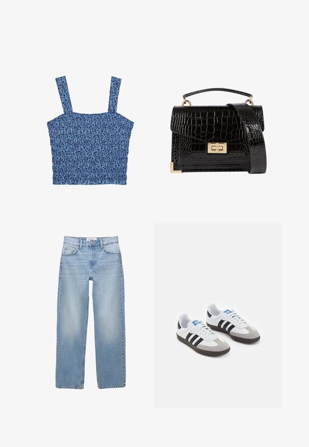 Niebieski krótki top z regulowanymi ramiączkami, z marszczonym wzorem i kwiatowym motywem w ciemniejszych odcieniach niebieskiego.; Jasnoniebieskie dżinsy o prostym kroju, pięć kieszeni oraz widoczne detale przeszycia. Tkanina ma miękką, lekko wyblakłą strukturę.; Buty sportowe z białą skórzaną cholewką, szarym zamszowym noskiem i trzema czarnymi paskami. Posiadają niebieskie logo na języku oraz teksturowaną gumową podeszwę.; Czarna torebka na ramię z lakierowanej skóry licowej o fakturze krokodyla, ze złotymi akcesoriami, górną rączką oraz odczepianym paskiem na ramię. Prostokątny kształt z klapką.