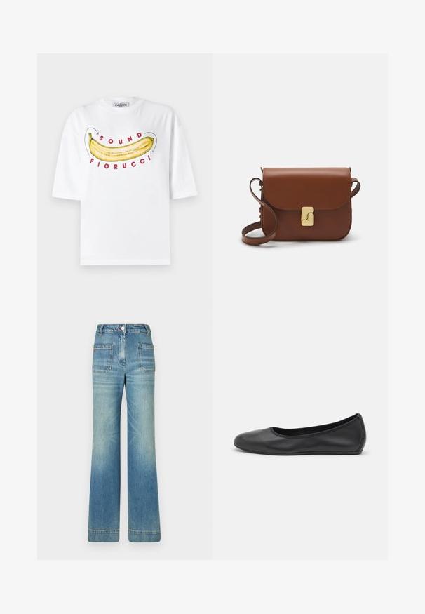 Fiorucci BANANA SOUND - T-shirt print - white; Lichtblauwe spijkerbroek met flared model, vijf zakken, riemlussen, knoopsluiting en een licht vervaagd textuur, met een rode logo-detail op de achterkant.; Zwarte leren ballerina met een ronde neus, gladde textuur, minimale stikdetails en een flexibele zoolontwerp.; Bruine leren handtas met een klep sluiting, gouden hardware, een schouderband en een gladde textuur. Compact rechthoekige vorm.