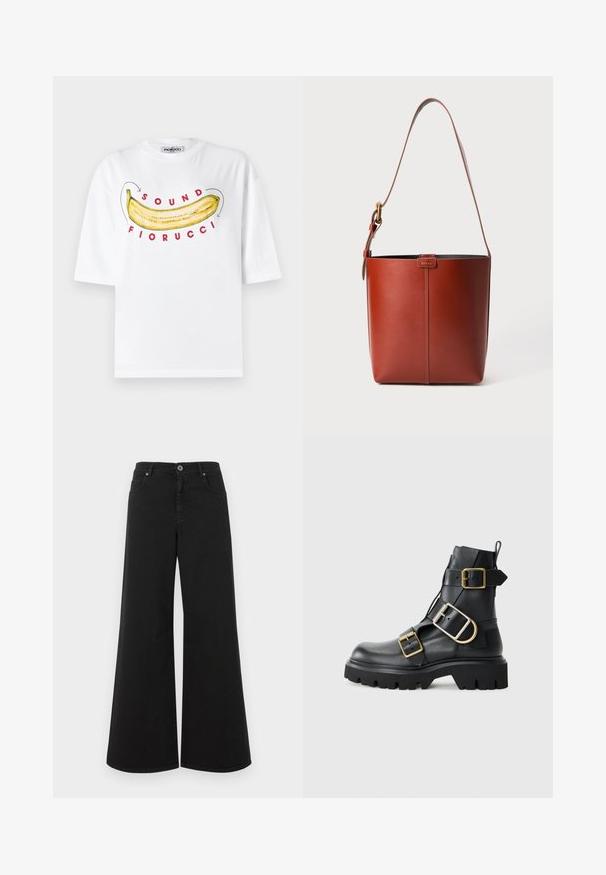 Fiorucci BANANA SOUND - T-shirts print - white; Sorte bredde-ben jeans lavet af denim med høj talje, fem lommer, knaplukning og en ren afslutning uden dekorationer.; Sort læder ankelstøvle med kraftig sål, der har flere stropper og gyldne hardware-detaljer. Glat tekstur, robust design.; Brun læderspandtaske med justerbar skulderrem og guldfarvet spænde, enkel lodret sømdetalje foran.