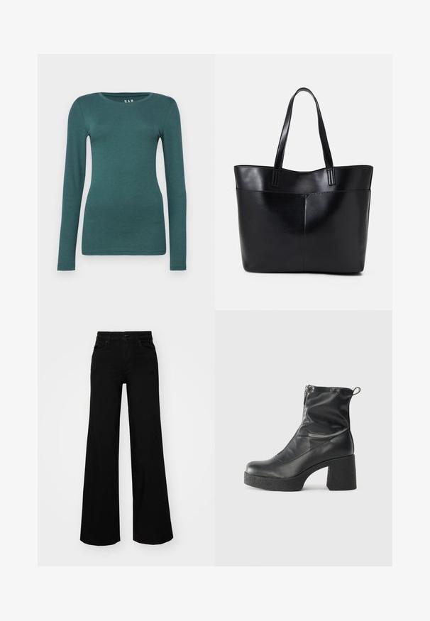 GAP CREW - Top dugih rukava - moores green; Crne široke traperice s čvrstim pojasom, petljama za remen i prednjim džepovima. Gladak teksturirani materijal s klasičnim dizajnom.; Crne gležnjače od glatke kože, s bočnim zatvaračem, debelim teksturiranim potplatom i dizajnom s zaobljenim prstima.; Crna kožna torba s dugim ručkama, glatkom teksturom i strukturiranim oblikom. Ima prednju džep za dodatno pohranu.