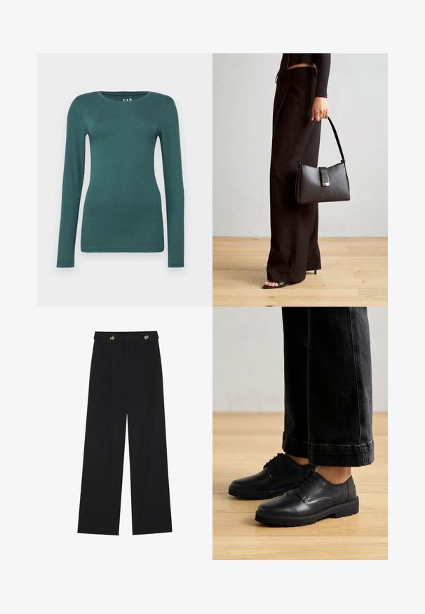 GAP CREW - Langarmshirt - moores green; Schwarze weite Hosen mit hoher Taille, Knopfdetails am Bund und vorderen Falten.; Schwarze Leder-Schnürschuhe mit glatter Textur, abgerundetem Zeh und dicker Gummisohle, kombiniert mit Cropped-Jeans in Dunkelblau.; Schwarze Handtasche mit strukturierter Form, glatter Textur und einem metallischen Verschluss. Kombiniert mit weiten schwarzen Hosen und offenen Sandalen auf einem Holzboden.
