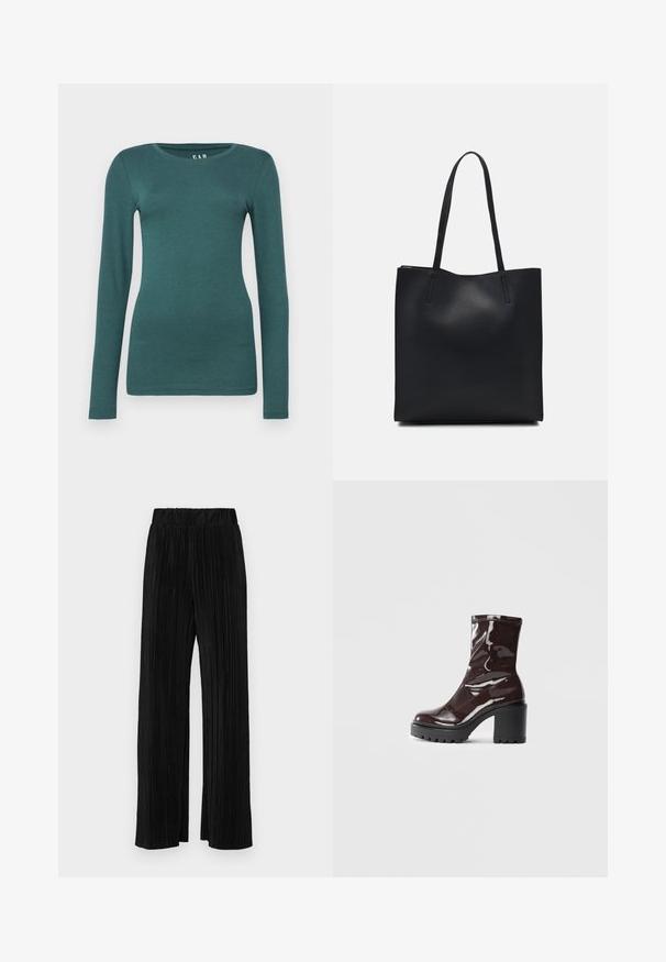 GAP CREW - Ilgarankovis viršutinės dalies drabužis - moores green; Juodi plisuoti kelnės su elastine juosta. Turėkite plačias kojas ir glotnų, tekstūrinį audinį su vertikaliais dryžiais.; Blizgus burgundių spalvos kulknapis su tankiu juodu kulnu, pasižymintis lygiu paviršiumi ir paprastu dizainu. Nėra matomų užsegimų ar raštų.; Juodas odinis tote krepšys su lygia tekstūra, stačiakampio formos ir dviem ilgais rankenomis. Matomų metalinių detalių ar puošybos nėra.