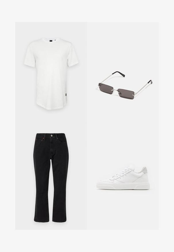 T-shirt bianca a maniche corte in cotone, caratterizzata da un collo rotondo e un retro leggermente allungato, con un piccolo logo accento sul lato.; Jeans in denim nero con una vestibilità a gamba dritta, stile a cinque tasche e accessori in metallo con dettagli in rame. Texture liscia e vita media.; Sneaker bianche in pelle con finitura liscia, punta arrotondata, lacci piatti e suola texturizzata. Accento in suede grigio sul tallone.; Occhiali da sole con lenti rettangolari di colore grigio scuro, montatura in metallo argentato e punte nere in plastica sulle asticelle. Design leggero con cuscinetti per il naso.