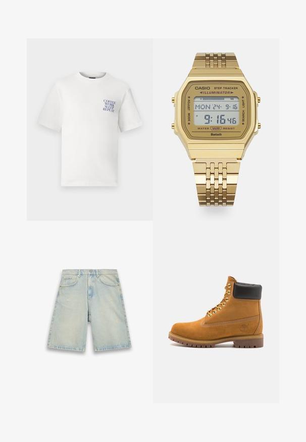 Valkoinen puuvillainen T-paita, jossa on rento istuvuus. Vasemmassa rintataskussa on sininen graafinen tekstimuotoilu, jossa lukee "KAHVI TYÖ NUKKUMINEN TOISTA".; Vaaleansiniset farkkushortsit, joissa on löysä leikkaus, viisi taskua, kevyttä kulutusta ja näkyviä ompelujälkiä. Sisältää napin ja vetoketjun.; Valkoinen nahkainen nilkkuri mustalla pehmustetulla kauluksella, kultaisilla metallisilla rei'illä, valkoisella ompeluksella ja jykevällä kumipohjalla, jossa on selvästi näkyvät urat.; Kultainen digitaalinen rannekello, jossa on suorakulmainen kasvot, askeleen seuranta -toiminto, vesitiiviys ja metalliset linkkiyhdistelmät. Näyttää ajan ja päivämäärän.