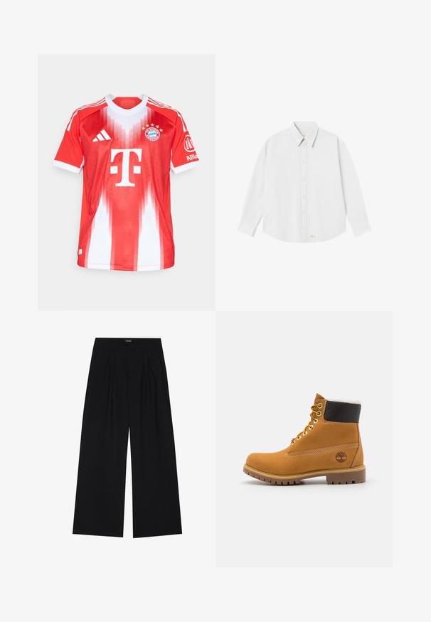 Sarkans un balts futbola kreklis, kas izgatavots no elpojoša materiāla, ar apaļu kaklu, vertikālu svītru rakstu, kluba logo un sponsora zīmējumu.; Balta krekla ar pogām ar klasisko apkakli, garām piedurknēm un noapaļotu apakšmalu; lejas kreisajā stūrī ir neliels oranžs logs.; YOURTURN UNISEX - Auduma bikses - black; Brūni ādas potītes zābaki ar metāla acīm, balto kažokādu oderi, melnu mīkstinātu apkakli, izturīgu zoli un iegravētu logo sānos.