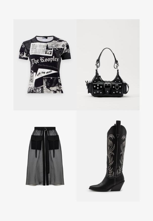 Sort t-shirt med et collage af avislignende tryk, herunder tekst og billeder, med korte ærmer og rund halsudskæring.; Sort gennemsigtig nederdel med en rynket talje, der har to store forlommer, et taljebånd og en cirkulær metaldetalje.; Sorte læder cowboystøvler med spidse tæer, kilehæle og sølv broderede blomster mønstre langs skaftet. Kontrast syning overalt.; Sort læderhåndtaske med et buet design, prydet med sølvfarvede nitter, en spænde og to sidelommer. Justerbar rem til forskellige bære muligheder.