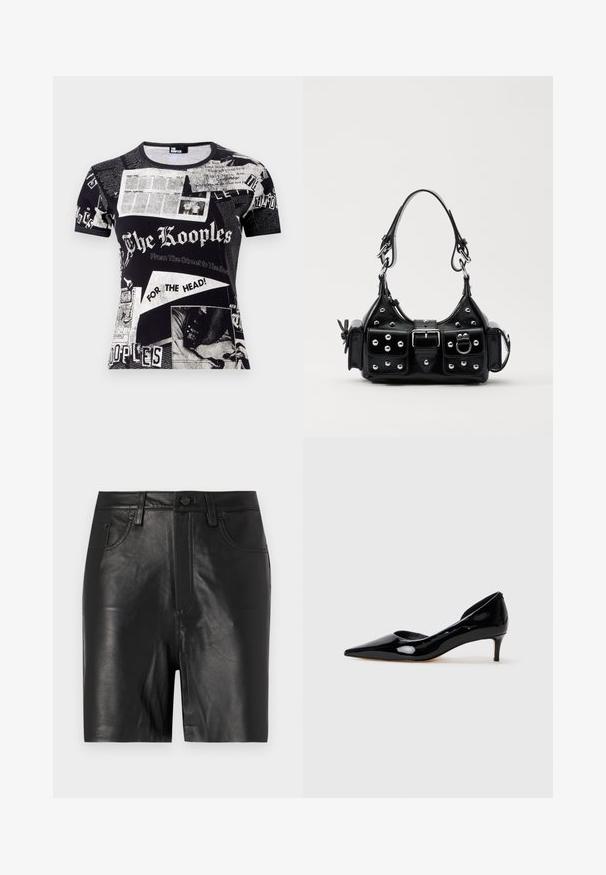 Melnā T-kreklā ir redzama laikraksta stila drukas kolāža, kas ietver tekstu un attēlus, ar īsām piedurknēm un apaļu kakla izgriezumu.; Melnas ādas šorti ar gludu tekstūru, aprīkoti ar priekšējo rāvējslēdzēju, pogu aizdari un klasisko piecu kabatu dizainu.; Melnas lakotas ādas sieviešu kurpes ar norādīto pirkstu un zemu papēdi, attēlotas profilā uz vienkārša gaiši pelēka fona.; Melnas ādas rokturmais ar izliekumu, ar sudraba iedurtiem, sprādzi un divām sānu kabatām. Regulējams siksniņas garums dažādām nēsāšanas iespējām.