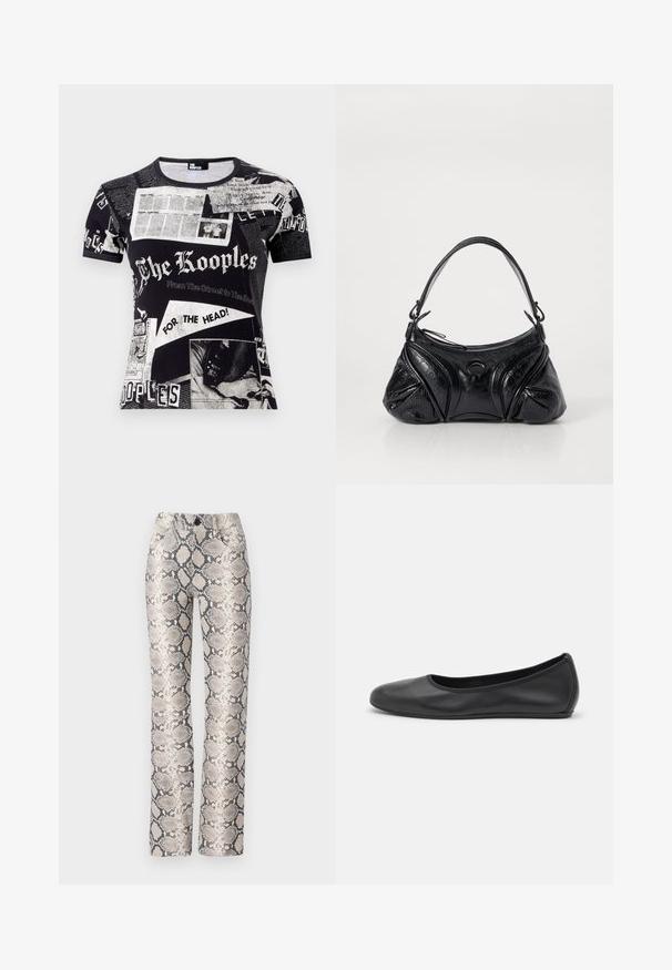 Black t-shirt featuring a collage of newspaper-style prints, including text and images, with short sleeves and a crew neckline.; Snake-print trousers in a beige and gray color scheme. Straight-leg design with a textured finish and front pockets. Features a button closure.; Black leather ballet flat with a rounded toe, smooth texture, minimal stitching detail, and a flexible sole design.; Black handbag made of textured leather with a rounded shape. Features a thin shoulder strap and decorative embossed patterns.