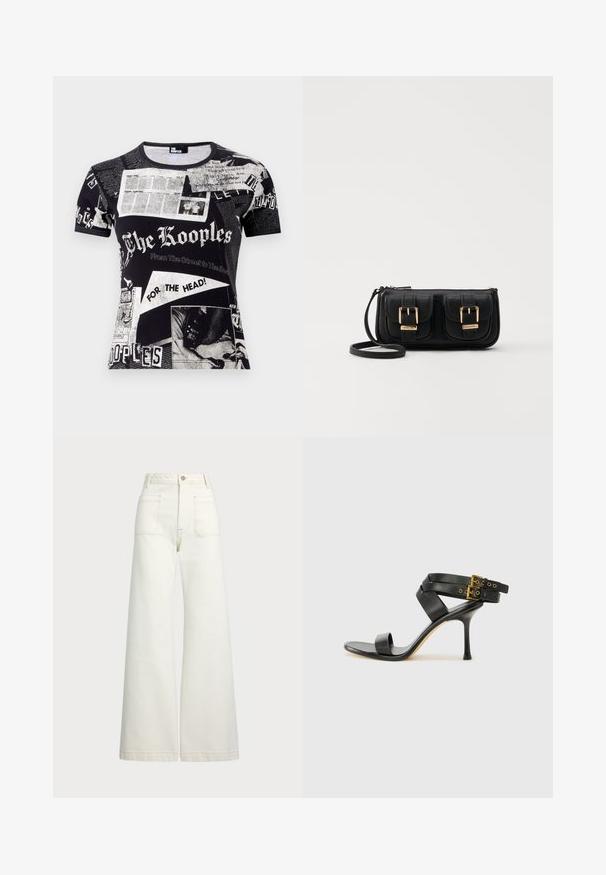 Must have musta, millel on ajalehega sarnaseid trükiseid, sealhulgas teksti ja pilte, lühikeste varrukatega ning ümmarguse kaelusega.; Laiad teksad heledast denimist. Kõrge vöökoht, nööbivöö, kaks esikotitäit ja kontrastsed õmblused.; Mustad mustand koos ristatud rihmade ja reguleeritava pandlaga. Omab siledat tekstuuri ja kitsenevat stiletto kontsa.; Must küllastamata nahast õlakott, millel on kaks esist nähtavat taskut, kuldsed pandlad, tõmblukuga sulgemine ja peen rihm. Tekstuuriga pind ja kompaktne ristkülikukujuline kuju.