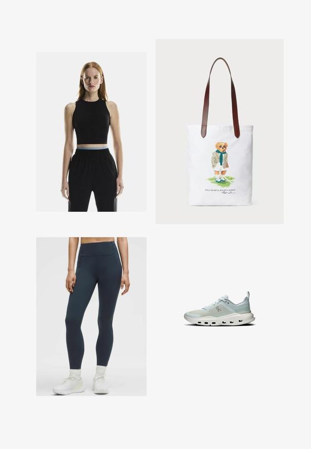 Svart ärmlös cropped topp med hög halsringning, som har en kontrasterande ljusblå midjeband, ihop med lösa svarta byxor.; Högmidjade, mörkblå leggings tillverkade av ett stretchigt, slätt tyg med flatlock-sömmar och utan synliga fickor, parat med vita idrottsskor.; Ljusblå sneakers made av mesh och syntetiska material. Har en vit mellansula, rund form och utskurna detaljer längs sulan.; Canvasaxelväska med en tecknad björn i grön scarf och kavaj, med bruna läderaxelremmar. Vit bakgrund, tryckt design.