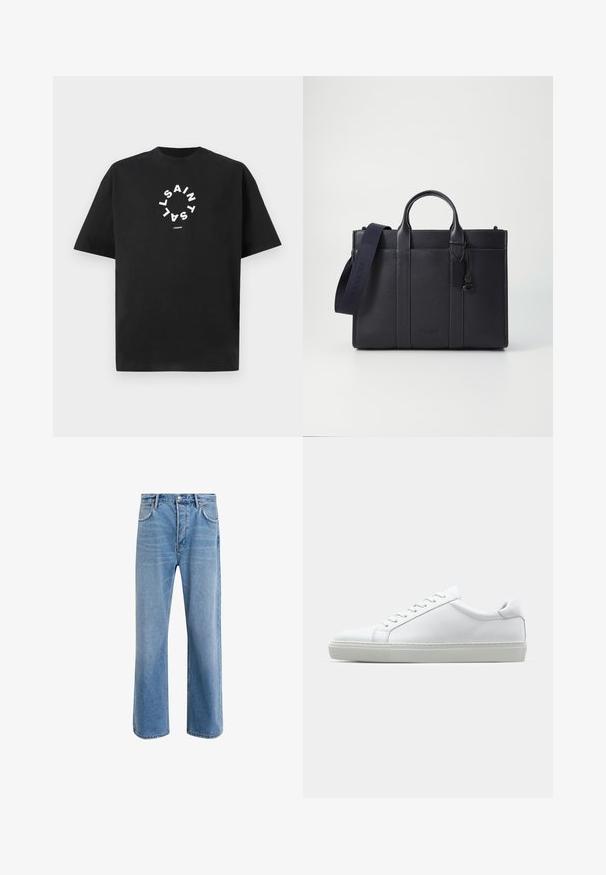 Črna bombažna majica s kratkimi rokavi. Vsebuje belo besedilo razporejeno v krožni vzorec, ki pravi "SAINT LAURENT LONDON."; Svetlo modre denim kavbojke s ravno nogavico, petimi žepi, z gumbom za zapiranje, minimalnim zbledelostjo in kontrastnimi šivi.; Bela športna obutev z gladkim usnjenim zgornjim delom in nizkim profilom. Ima zaokrožen nos, šest lukenj za vezalke in teksturiran gumijast podplat.; Temno mornarsko usnjeno aktovko z dvema zgoraj ročaji in odstranljivim trakom. Ima teksturirano površino, navpične šive in podrobnost z logotipom.