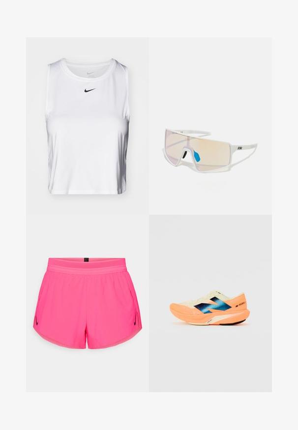 Top deportivo sin mangas blanco, hecho de una tela suave, con un escote redondo y un pequeño logo negro de Nike en el pecho.; Bermudas deportivas rosas con una cinturilla transpirable, que cuenta con bolsillos laterales y un pequeño logo negro de Nike en el lado izquierdo. Tejido suave.; Zapatilla de running con un upper ligero en color crema, branding azul y acentos naranjas en la suela. Textura de malla para mayor transpirabilidad.; Gafas de sol con marco blanco y lentes grandes en degradado que presentan un tinte de rosa a naranja claro, acentuadas con una pieza nasal azul y un detalle del logo.