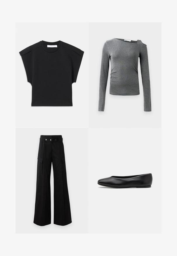 Haut noir à manches courtes avec un col rond et des détails aux épaules, posé à plat sur un fond blanc.; T-shirt à manches longues gris en tissu doux, avec un décolleté bateau et une découpe sur une épaule, présentant un léger plissé sur les côtés.; Pantalons larges noirs avec une taille haute, dotés de grandes poches latérales, de deux boutons à l'avant et d'un détail en boucle. Fabriqués en tissu résistant.; Paul Smith TOPANGA - Ballerines - black