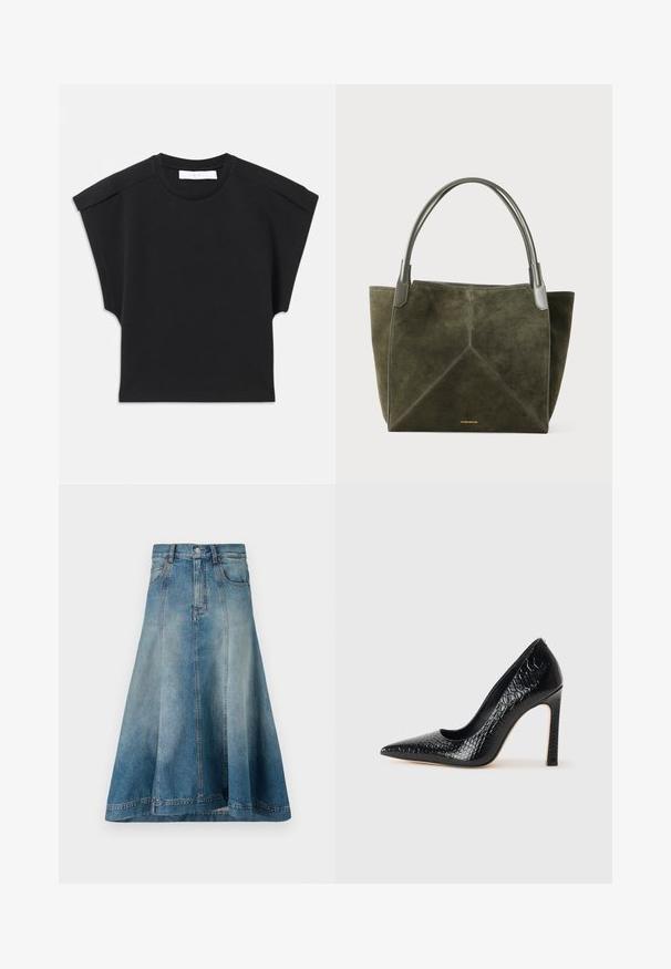 Juodas trumpas rankovėmis viršus su apvaliu iškirpimu ir pečių detalėmis, išdėstytas plokščiai ant balto fono.; Šviesiai mėlynos skalbimo džinsinė A formos sijonas su aukštu juosmeniu, šoninėmis kišenėmis ir siūlių detalėmis, kurios tęsiasi iki apdailos.; Juoda smailiakulnė aukšto kulno bateliai su krokodilo odos tekstūra, pasižymintys elegantišku dizainu, aukštu stiletu kulnu ir lygia juoda vidine dalimi.; Alyvuogių žalia zomšinė rankinė su geometriniu siūlių raštu, pilkos odos rankenomis ir auksiniu logotipu apačioje. Minkšta tekstūra, erdvi konstrukcija.
