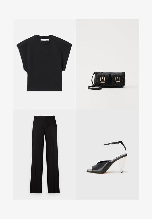 Čierny krátky rukáv top s okrúhlym výstrihom a detailmi na pleciach, položený na bielom pozadí.; Čierne nohavice so strihom rovného nohavého dizajnu, s hladkou textúrou, plochým pásom a bez viditeľných kovových prvkov alebo zdobenia.; Čierne kožené sandále na vysokých podpätkoch s otvorenou špičkou, asymetrickým dizajnom, remienkom okolo členka a kovovým kužeľovitým podpätkom. Hladká textura po celom povrchu.; Čierna kožená crossbody taška s dvoma prednými vreckami, zlatými sponami, zipsovým uzatváraním a úzkym popruhom. Štruktúrovaný povrch a kompaktný obdĺžnikový tvar.