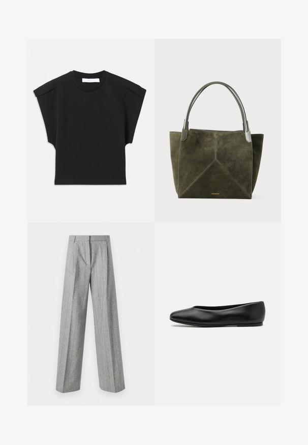 Melna īsām piedurknēm blūze ar apaļu kakla izgriezumu un plecu detaļām, izlikta uz balta fona.; Augsta josta pelēki bikses ar vertikālām svītrām un plašām taisnām kājām, izliktas uz balta fona.; Paul Smith TOPANGA - Balerīnas laiviņas - black; Olīvzaļš zamšs tīkams soma ar ģeometrisku vīles rakstu, pelēkiem ādas rokturiem un zelta logo apakšā. Mīksta tekstūra, plaša konstrukcija.