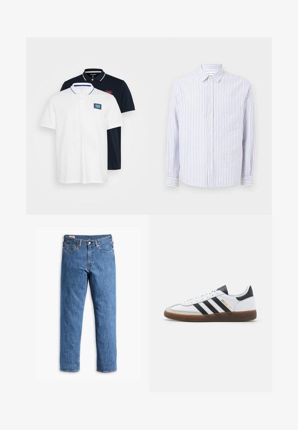 Kaksi pikeepaitaa pinottuna: yksi valkoinen sinisillä yksityiskohdilla, logo-osa; yksi musta valkoisella kauluksella, punainen logo-osa. Molemmat puuvillakangasta.; Kohokku monet napitettu paita vaaleansinisessä ja valkoisessa. Ominaisuuksiin kuuluu kärkipainike, pitkät hihat ja yksi rintatasku. Puuvillakangasta.; Sininen denimpusero, jossa on suora lahje, kupariset niitit ja viitospussinen muotoilu. Sisältää ommellun helman ja klassisen vyötärön, jossa on vyölenkit.; Valkoiset nahkakengät mustilla mokkanahka yksityiskohdilla, kolme mustaa raitaa, beige kumipohja ja kultainen "SPEZIAL" -brändäys sivussa.