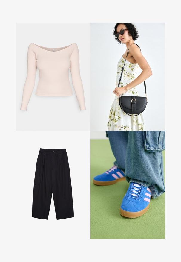 Ljust rosa, rippad långärmad topp med off-shoulder-krage och figurnära design. Slät textur; inga synliga mönster eller detaljer.; Svarta polyester culottbyxor med elastisk midja, två framfickor och en lös silhuett. Inga synliga mönster eller hårdvarudetaljer.; Blå mockaskor med rosa ränder och vita snören, med en sula av gummigummi, kombinerat med lösa denimbyxor på en grön yta.; Svart läderhandväska med en böjd form, avtagbar rem och guldiga detaljer. Väskan har ett lock med en spänndetalj.