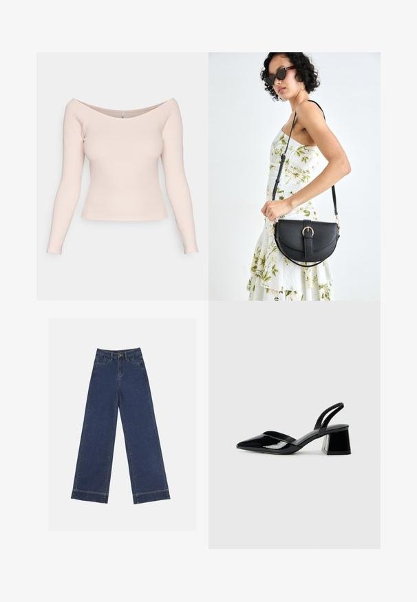 Light pink, ribbed long-sleeve top with an off-the-shoulder neckline and fitted design. Smooth texture; no visible patterns or hardware.; Wide-leg jeans in dark blue denim. Features five pockets, belt loops, and a raw hem at the bottom with visible stitching details.; Black patent leather slingback heels with a pointed toe and a geometric block heel. Features a sleek, minimal design and smooth texture.; Black leather handbag with a curved shape, detachable strap, and gold hardware. The bag features a flap with a buckle detail.