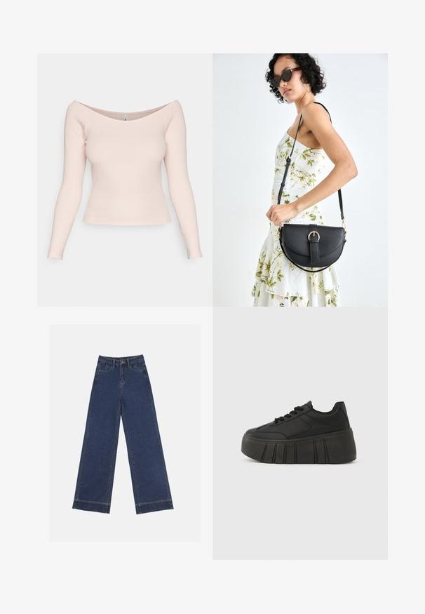 Svijetlo ružičasta, rebrasta majica s dugim rukavima s necklinom bez ramena i uskim dizajnom. Glatka tekstura; bez vidljivih uzoraka ili metalnih dijelova.; Široke traperice u tamnoplavom denimu. Imaju pet džepova, petlje za pojas i siroki rub na dnu s vidljivim detaljima šavova.; Crne platforme tenisice s glatkim sintetičkim gornjim dijelom, zaobljenim vrhom, vezicama i debelim, rebrastim potplatom za dodatnu visinu.; Crna kožna torba s lukovitim oblikom, odvojivim remenom i zlatnim detaljima. Torba ima preklop s kopčom.