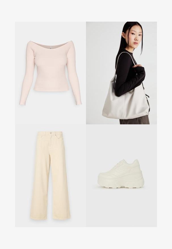 Light pink, ribbed long-sleeve top with an off-the-shoulder neckline and fitted design. Smooth texture; no visible patterns or hardware.; Beige wide-leg jeans made of cotton. Features a button closure, belt loops, and front pockets with a smooth, soft texture.; White platform sneakers featuring a smooth leather-like upper, rounded shape, padded collar, and textured rubber sole with defined treads.; Beige handbag made of soft material, featuring a slouchy design, stitched detailing, and two shoulder straps. Suitable for everyday use.