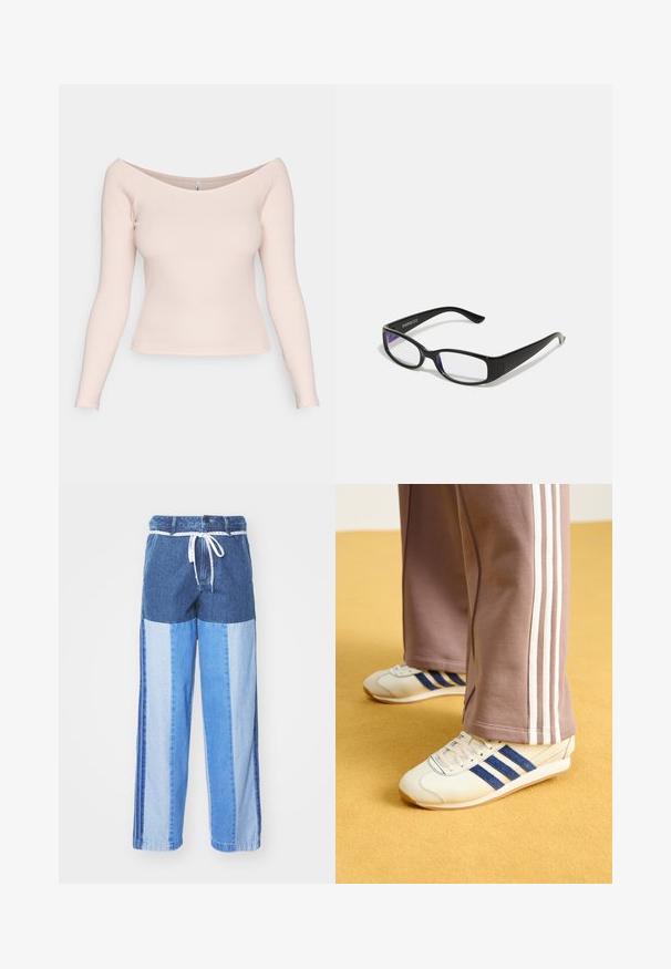 Bluză lungă cu mâneci, de culoare roz deschis, cu un decolteu off-the-shoulder și design mulat. Textură netedă; fără modele sau accesorii vizibile.; Pantaloni din denim albastru cu un design pe patchwork în nuanțe variate de albastru, cu talie cu șnur și picioare largi, cu croială dreaptă.; Sneakers crem cu dungi din suede bleu, șireturi albe și talpă din cauciuc. Asortați cu pantaloni de trening gri cu dungi albe pe laterale.; Ochelari dreptunghiulari negri cu lentile clare. Finisaj lucios, brațe înguste și nuanță purpurie vizibilă la marginea lentilelor.