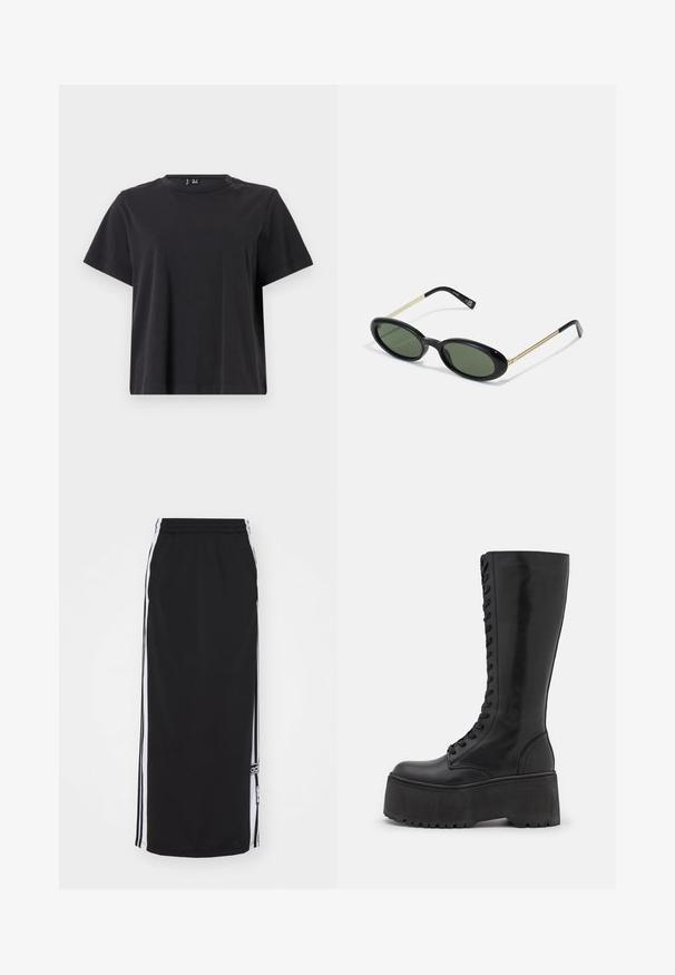 Melna īsām piedurknēm T-kreklu ar apaļu kakla izgriezumu, izgatavots no mīksta kokvilnas auduma; tam ir brīva piegriezuma forma un vienkārša krāsa bez rakstiem.; Melnā sportiskā svārku ar baltām sānu svītrām, elastīgu jostasvīru un logo detaļu. Izgatavots no elpojoša auduma, līdz ceļgaliem.; Zign LEATHER - Šņorzābaki - black; Ovālas saulesbrilles ar zaļiem lēcām, melnu plastmasas priekšpusi un plānām zelta metāla rokām. Ievērojama minimālisma dizaina iezīme ar gludu tekstūru.