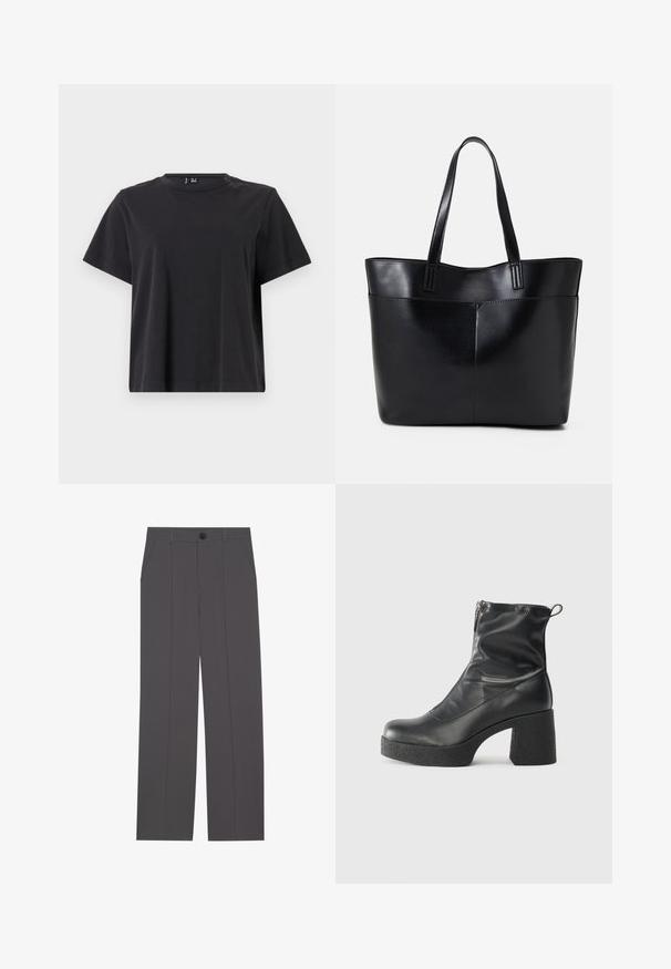 Schwarzes T-Shirt mit kurzen Ärmeln und rundem Halsausschnitt, aus weichem Baumwollstoff gefertigt; hat einen lässigen Schnitt und eine einfarbige Optik ohne Muster.; Graue Hose im geraden Schnitt, mit zwei seitlichen Taschen und einem Knopfverschluss. Glattes Material ohne sichtbare Muster oder Akzente.; Schwarze Stiefeletten aus glattem Leder mit seitlichem Reißverschluss, klobigem strukturiertem Absatz und runder Zehenform.; Schwarze Leder-Shopper-Tasche mit zwei langen Griffen, einer glatten Textur und einer strukturierten Form. Verfügt über eine Vordertasche für zusätzlichen Stauraum.
