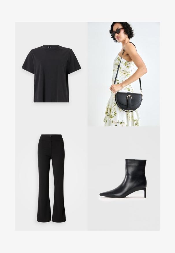 Black short-sleeve t-shirt with a round neckline, made from soft cotton fabric; features a relaxed fit and solid color without patterns.; Black flared pants made from stretchy fabric, featuring a fitted high waist and a front zip detail. Smooth texture with no patterns.; Black leather ankle boot with a pointed toe, sleek design, and a slender kitten heel. Smooth texture with no visible embellishments.; Black leather handbag with a curved shape, detachable strap, and gold hardware. The bag features a flap with a buckle detail.