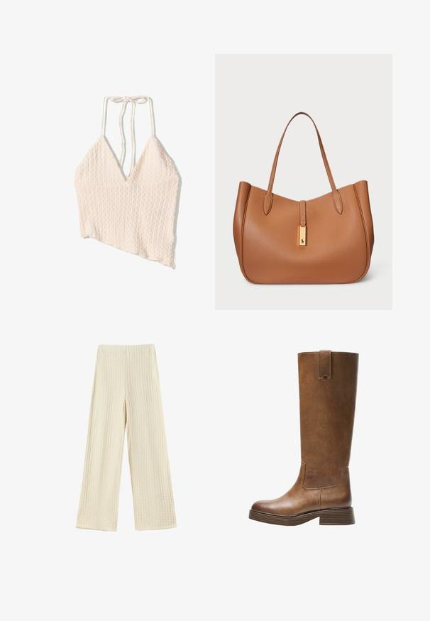 Linnenmix crop top in lichtbeige, met een gestructureerd oppervlak, brede V-hals en verstelbare strikbanden. Asymmetrische zoomdetail.; Wijdvallende broeken van een gestructureerde, crèmekleurige stof. Het ontwerp heeft een wafelpatroon met een hoge taille en lange pijpen.; Bruine leren laars tot de knie met een ronde neus, gestructureerd oppervlak en een lage, gestapelde hak. Beschikt over een zijpaneel en een aantrektap aan de bovenkant.; Bruine leren tote bag met een ronde vorm, een gladde textuur en dubbele schouderbanden. Kenmerkt zich door een gouden hardware accent in het midden.