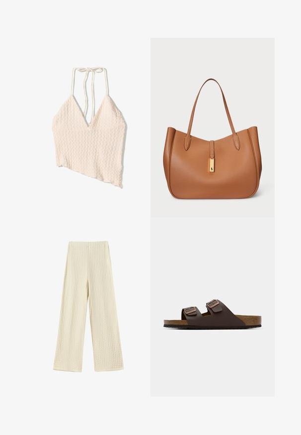 Linnenmix crop top in lichtbeige, met een gestructureerd oppervlak, brede V-hals en verstelbare strikbanden. Asymmetrische zoomdetail.; Wijdvallende broeken van een gestructureerde, crèmekleurige stof. Het ontwerp heeft een wafelpatroon met een hoge taille en lange pijpen.; Bruine, platte slipper met twee verstelbare banden. Gemaakt van een glad materiaal, met een kurken voetbed en een getextureerde rubberen zool.; Bruine leren tote bag met een ronde vorm, een gladde textuur en dubbele schouderbanden. Kenmerkt zich door een gouden hardware accent in het midden.