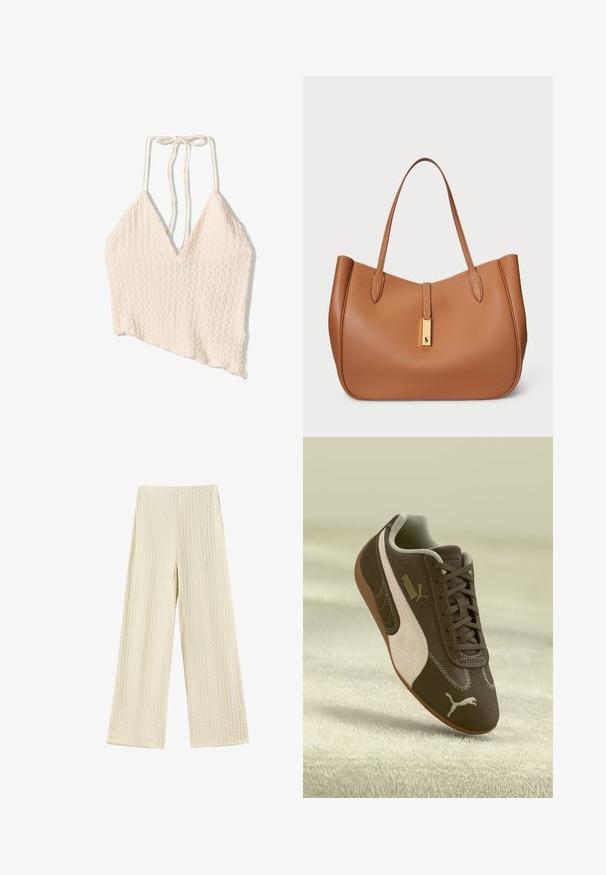 Top scurt din amestec de in, de culoare bej deschis, cu o suprafață texturată, decolteu larg în formă de V și bretele ajustabile. Detaliu asimetric la margine.; Pantaloni cu croi larg, dintr-un material texturat, de culoare crem. Designul prezintă un model tip waffled, cu talie înaltă și picioare de lungime completă.; Adidași maro Puma cu o dunga bej și logo, cu sireturi, așezați pe o suprafață texturată de culoare bej.; Geantă de tote din piele maro, cu o formă rotunjită, textură netedă și două mânere pentru umăr. Prezintă un detaliu din metal aurit în centrul său.