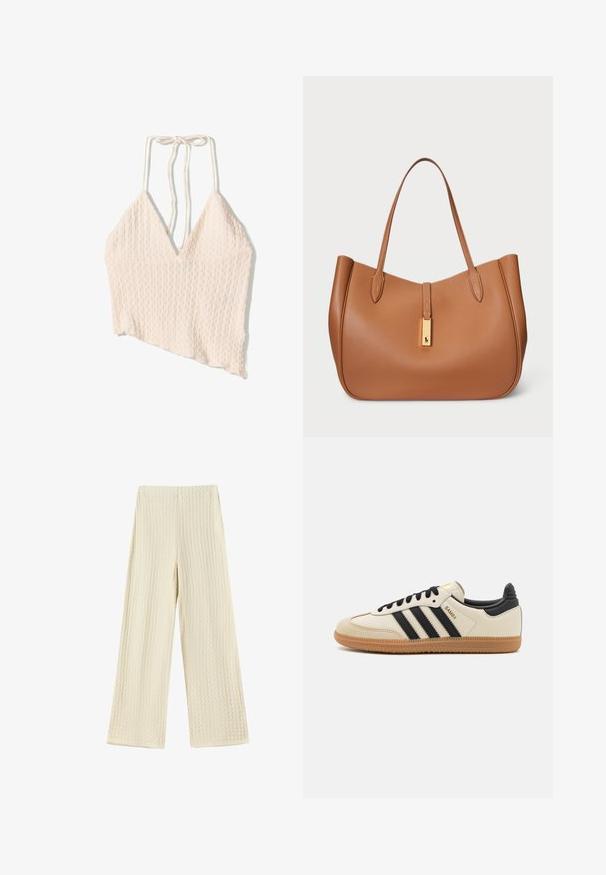 Linnedragt i lysebeige med en struktureret overflade, bred V-hals og justerbare bindebånd. Asymmetrisk kantdetalje.; Vide benbukser i et tekstureret, cremefarvet stof. Designet har et vaffelmønster med høj talje og fuld længde ben.; Beige sportssko med sorte striber, gummibetræk samt sorte detaljer. Har en glat læderoverdel og et rundt tådesign.; Brun læder tote taske med rund form, glat tekstur og dobbelte skulderremme. Har et guldfarvet hardwareaccent i midten.