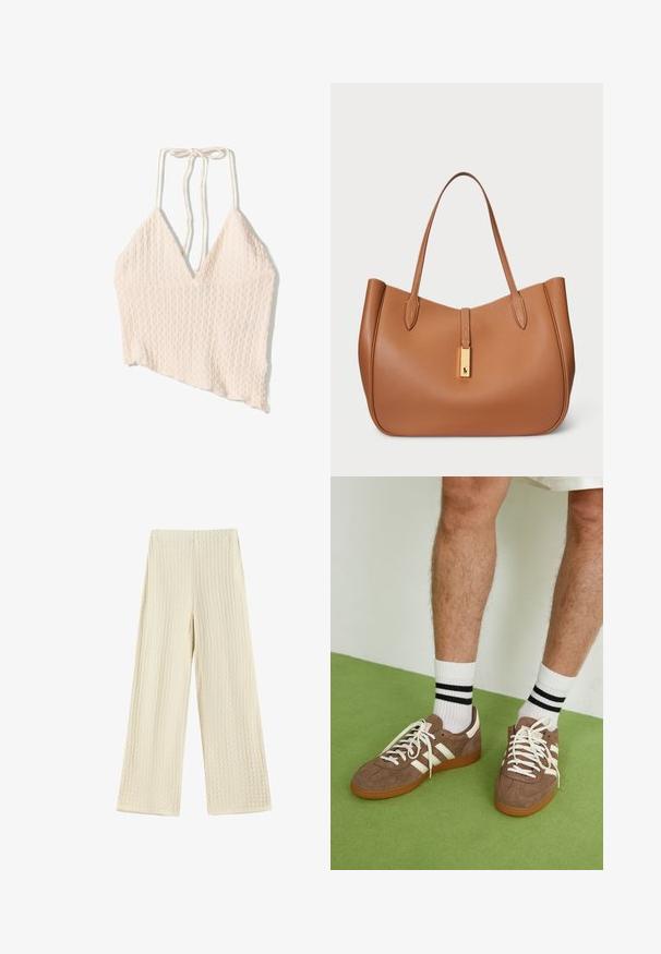 Kratší top z lněné směsi ve světle béžové barvě, s texturovaným povrchem, širokým véčkovým výstřihem a nastavitelými zavazovacími ramínky. Asymetrický lem.; Kalhoty s širokými nohavicemi z texturované smetanové tkaniny. Design obsahuje vaflový vzor s vysokým pasem a nohavicemi v plné délce.; Hnědé semišové tenisky s bílými akcenty a tkaničkami. Gumová podrážka. Nošeny s bílými ponožkami s černými pruhy. Zelená strukturovaná podlaha.; Hnědá kožená taška přes rameno zaobleného tvaru, se hladkým povrchem a dvojitými popruhy na ramena. Uprostřed má akcent zlaté kovové výbavy.