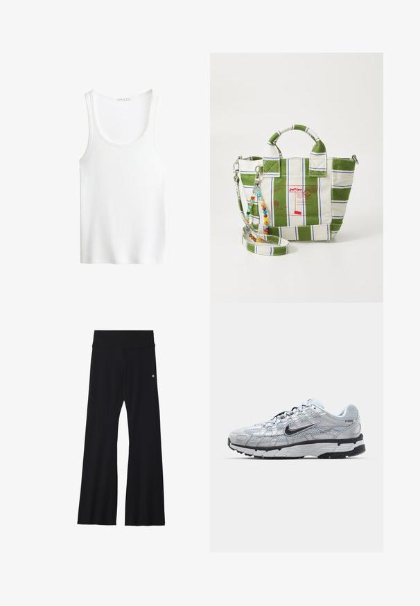 White ribbed tank top with a scoop neckline and wide straps. Soft fabric texture and stitched hems. Simple, fitted design.; White long-sleeve button-up shirt made of lightweight fabric with a classic collar, single chest pocket, and straight hem.; Black flared yoga pants in stretchy fabric, featuring a wide waistband and a small logo near the hip. Smooth texture, no patterns.; Nike P-6000 sneakers with a light grey mesh upper, black accents, and a durable black rubber sole. Features intricate design and lacing system.; Canvas tote bag with green and white striped design, featuring red postal graphics. Includes a detachable beaded strap and double handles.