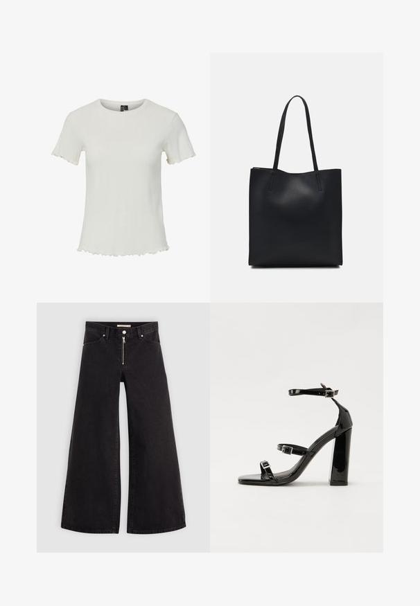 Top branco de manga curta com textura canelada, decote redondo e detalhes de bainha recortada, projetado para um silhueta ajustada.; Calças de ganga de perna larga em denim preto com fecho éclair à frente, design de cinco bolsos e detalhes de costura subtil. Textura suave e estilo casual.; Sandálias de tacão preto laqueadas com bico quadrado, tiras para o tornozelo e fivelas prateadas. Apresentam um salto bloco chunky para estabilidade.; Bolsa tote preta em couro com textura lisa, forma retangular e duas alças longas. Sem hardware ou enfeites visíveis.