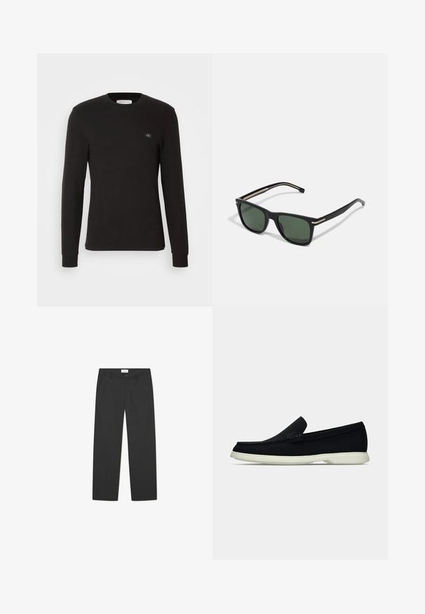 Μαύρο μακρυμάνικο μπλουζάκι από ριμπ ύφασμα. Διαθέτει στρογγυλή λαιμόκοψη και μια μικρή ετικέτα με λογότυπο στην αριστερή πλευρά του στήθους, με εφαρμοστές μανσέτες στα μανίκια.; Μαύρο παντελόνι φτιαγμένο από ελαφρύ ύφασμα. Διαθέτει ίσια γραμμή, επίπεδο εμπρόσθιο μέρος, πλαϊνές τσέπες και διακριτική μέση.; Μαύρο slip-on παπούτσι με στρογγυλή μύτη, που διαθέτει υφή στην επάνω επιφάνεια, λείο λευκό πέλμα και διακριτική λεπτομέρεια επωνυμίας στο πλάι.; BOSS Γυαλιά ηλίου - black