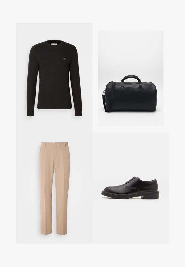 Cămașă neagră cu mânecă lungă, din țesătură din bumbac ribat. Prezintă un guler rotund și o mică emblemă pe pieptul stâng, cu manșete ajustate la mâneci.; Pantaloni bej dintr-un material fin, cu un design drept, închidere cu nasture în față și detalii discrete de pliu pe față.; Pantofii din piele neagră, cu șireturi, au vârful rotunjit, o textură netedă, cusături minime și un toc de cauciuc scăzut. Logo pe toc.; Geanta duffel neagră, realizată dintr-un material sintetic texturat. Dispune de două mânere și o curea de umăr ajustabilă. Design simplu, fără modele vizibile.