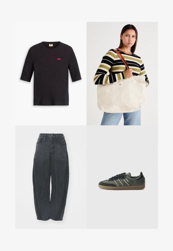 Melnas kokvilnas T-kreklis ar apaļu kakla izgriezumu un īsām piedurknēm. Krūtīs ir neliels sarkans Levi's logo. Mīksta tekstūra.; Lielas melnas džinsu bikses ar izbalējušu apdari, piecām kabatām, vidukļa pogu aizdari un izšuvumiem priekšpusē un sānos.; adidas Originals SAMBA OG - Sporta apavi - core black/legend earth/gum; Liels bežs kanvas iepirkumu maisiņš ar brūnu ādas siksnām, kas piedāvā minimālistisku dizainu un redzamās šuves akcentus.