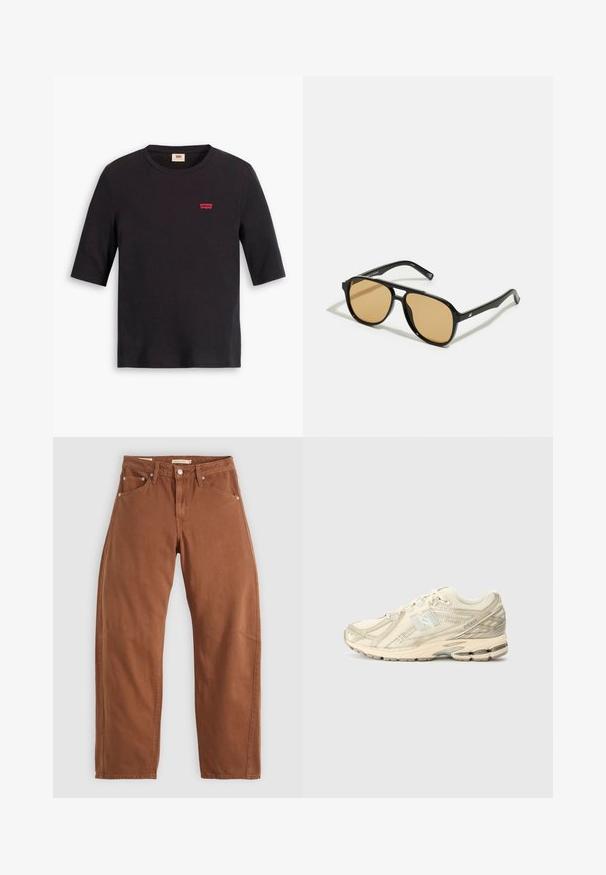 Camiseta de algodón negra con escote redondo y mangas cortas. Presenta un pequeño logo rojo de Levi's en el pecho. Textura suave.; Jeans rectos color marrón óxido con bolsillos frontales y traseros, remaches de metal, cierre de botón y trabillas para el cinturón, colocados sobre un fondo blanco.; Zapatilla deportiva beige con parte superior de malla, acentos mínimos, suela texturizada y un sutil logo 'N' en el lateral. Diseño ligero para mayor comodidad.; Gafas de sol negras con lentes de color marrón; forma rectangular con un marco grueso, incluyendo sutiles acentos de hardware en las patillas.