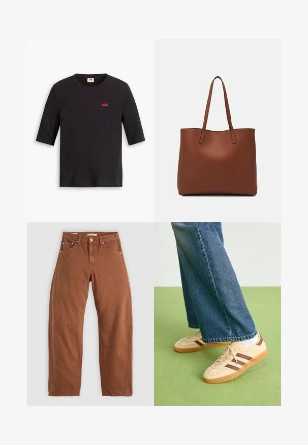T-shirt de algodão preto com decote redondo e mangas curtas. Apresenta um pequeno logo vermelho da Levi's no peito. Textura suave.; Calças de ganga retas em tom de ferrugem com bolsos frontais e traseiros, rebites metálicos, fecho de botão e passadores de cinto, dispostas em plano sobre um fundo branco.; Tenis bege com painéis texturizados em creme e riscas castanhas, combinados com jeans de ganga azul. Os jeans têm um corte largo e uma bainha desfiada.; Bolsa tote de couro castanho com uma textura suave, design de abertura superior e duas alças para o ombro. Apresenta costura mínima e sem hardware visível.