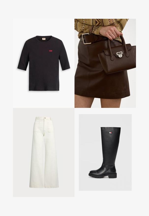 Mustackeri musta puuvillane T-särk, millel on ümar kaelus ja lühikesed varrukad. Rinnal on väike punane Levi'si logo. Pehme tekstuur.; Reisitaskuhousut vaaleanvalkoisesta denimestä. Korkea vyötärö, napitus, kaksi etutaskua ja kontrastiväriset ompeleet.; Musta polvipituiset saappaat, jotka on valmistettu sileästä nahasta ja joissa on teksturoitu kumipohja. Saappaissa on pieni logo-merkki punaisella, valkoisella ja sinisellä.; Ruskea nahkainen käsilaukku, jossa on teksturoitu pinta ja hopeiset yksityiskohdat, pidetään kädessä ruskean nahkahameen ja kuviollisen neuleen vieressä.