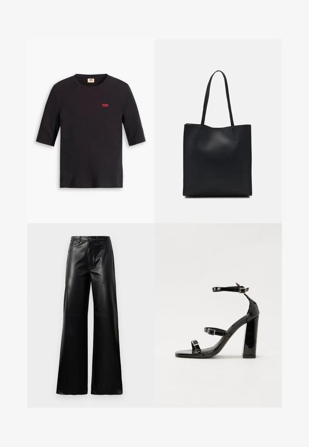Camiseta de algodón negra con escote redondo y mangas cortas. Presenta un pequeño logo rojo de Levi's en el pecho. Textura suave.; Pantalones de imitación de cuero negros de cintura alta y pierna ancha con botón frontal, cierre de cremallera, pasadores para cinturón y bolsillos laterales sobre fondo blanco.; Sandalias de tacón de charol negro con punta cuadrada, correas en el tobillo y hebillas plateadas. Presentan un tacón grueso para mayor estabilidad.; Bolso tote de cuero negro con textura lisa, forma rectangular y dos asas largas. Sin herrajes ni adornos visibles.