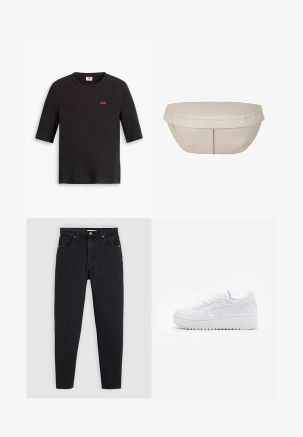 Zwarte katoenen T-shirt met een ronde halslijn en korte mouwen. Heeft een klein rood Levi's logo op de borst. Zachte textuur.; Zwarte slim-fit jeans met knoop- en ritssluiting, vijf-vakken ontwerp en ceintuurlussen op een lichtgrijze achtergrond.; Witte platform sneakers met een gladde leertextuur, geperforeerde details en platte veters; voorzien van een dikke witte rubberen zool.; Beige stoffen zakje met een afgeronde vorm, voorzien van een platte bovenkant en subtiele naaddetails. Inclusief een minimalistisch logo en een zijstrap.