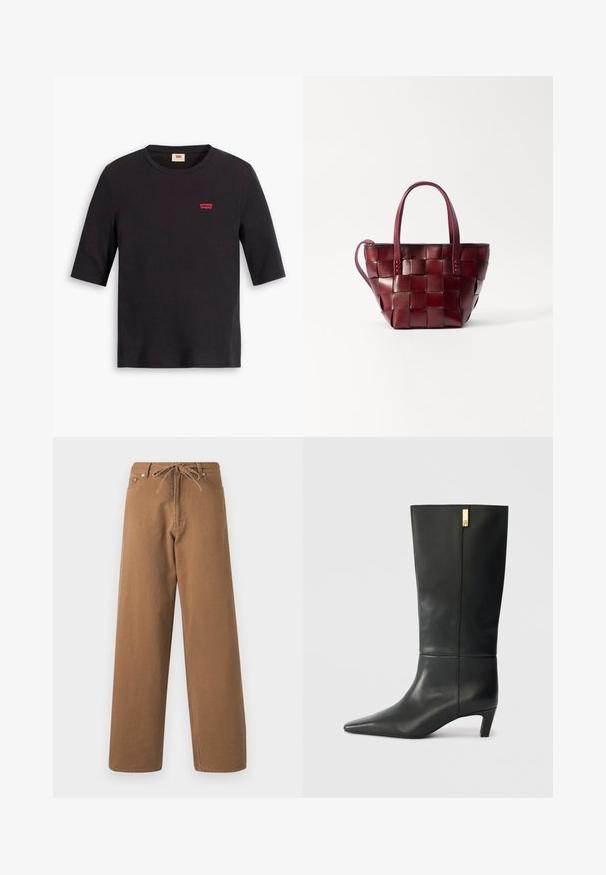 Schwarzes Baumwoll-T-Shirt mit rundem Ausschnitt und kurzen Ärmeln. Mit einem kleinen roten Levi's-Logo auf der Brust. Weicher Stoff.; Braune weit geschnittene Hosen aus Baumwolle, mit einem Kordelzugbund und zwei Fronttaschen. Strukturiertes Gewebe mit glatter Oberfläche.; Schwarze Lederstiefelette bis zum Knie mit spitzem Zeh und kleinem Absatz. Hat ein elegantes Design mit goldenen Akzenten. Glatte Textur.; Geflochtene bordeauxfarbene Lederhandtasche mit zwei kurzen Griffen und einem abnehmbaren Schultergurt. Sie hat eine strukturierte Form und eine glatte Textur.