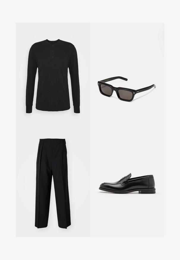 Juoda ilgarankovė marškinė su apvaliu dekolte, trimis sagomis ir prigludusiomis rankovėmis. Pagaminta iš minkštos medžiagos su lygiu paviršiumi.; Juodi klostuoti kelnių, su tiesiu, plačiu kojų dizainu. Pagaminti iš lygios medžiagos, su mygtukų uždarymu ir diržo kilputėmis.; Juodos odinės loafers, turinčios lygų paviršių, apvalią noselę ir dekoratyvinę juostą per priekinę dalį. Žemas krentantis kulnas, minimalistinis dizainas.; Juodos stačiakampės akinių nuo saulės su tamsiais objektyvais, storu plastiko rėmu, auksinėmis detalėmis ant šventyklų ir prekės ženklo logotipu išgraviruotu ant šono.