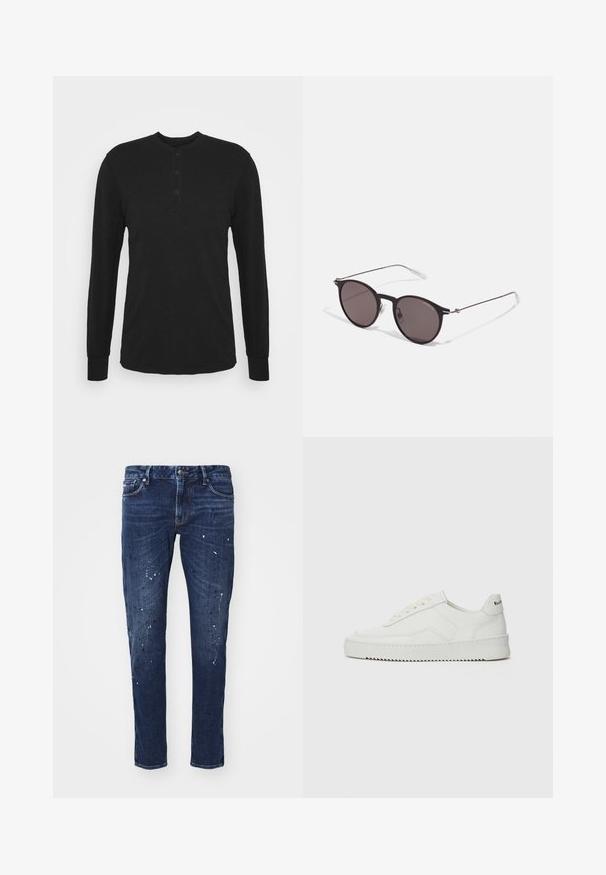 Schwarzes Langarmshirt mit rundem Halsausschnitt, Knopfleiste mit drei Knöpfen und taillierten Bündchen. Hergestellt aus weichem Stoff mit glatter Textur.; Dunkelblaue Denim-Jeans mit schlankem Schnitt, die Farbkleckse, sichtbare Nähte und ein klassisches fünf-Taschen-Design aufweisen. Gerader Beinansatz.; Weiße Ledersneaker mit glatter Oberfläche, runder Zehenpartie, flachen Schnürsenkeln und strukturiertem Sohlenprofil. Mit einem dezenten Logo an der Ferse.; Schwarze runde Sonnenbrille mit dunklen Gläsern und schlanken Metallbügeln. Enthält klare Tempelspitzen und silberne Akzente am Scharnier. Minimalistisches Design.