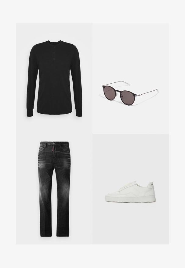 Maglietta nera a maniche lunghe con scollatura rotonda, pattina con tre bottoni e polsini aderenti. Realizzata in tessuto morbido con una texture liscia.; Jeans in denim nero con vestibilità dritta. Presentano aree sbiadite, leggeri segni di usura, classico design a cinque tasche e chiusura con bottone.; Sneaker in pelle bianca con una finitura liscia, punta rotonda, lacci piatti e suola testurizzata. Presenta un logo discreto sul tallone.; Occhiali da sole neri rotondi con lenti scure e sottili bracci in metallo. Include punte trasparenti e accenti argentati alla cerniera. Design minimalista.
